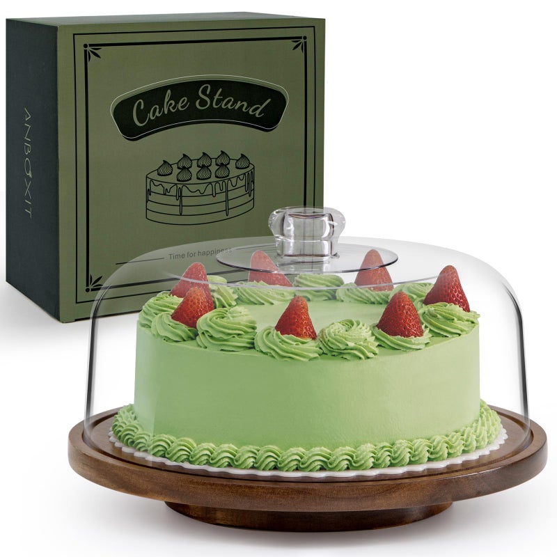 ANBOXIT Cake Stand with Dome Lid Acacia Wood Rotating Cake Plate with Cover Wooden Cake Display Stand with Acrylic Dome Rotatable