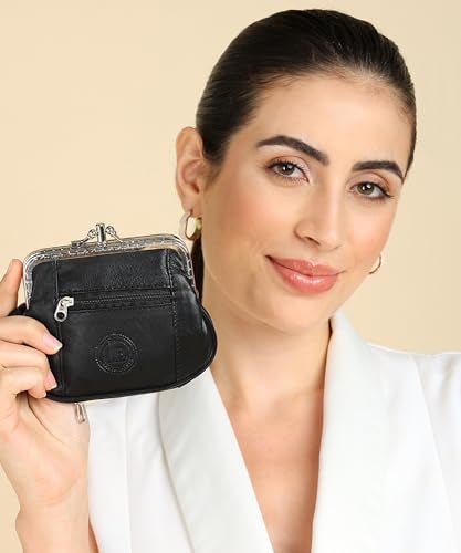 LB LEATHERBOSS Leatherboss Genuine Leather Large Coin Purse Double Frame Wallet With Zipper Pocket, Black - Image 3