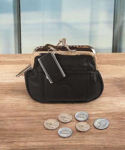 LB LEATHERBOSS Leatherboss Genuine Leather Large Coin Purse Double Frame Wallet With Zipper Pocket, Black - Image 4