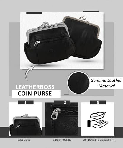 LB LEATHERBOSS Leatherboss Genuine Leather Large Coin Purse Double Frame Wallet With Zipper Pocket, Black - Image 5