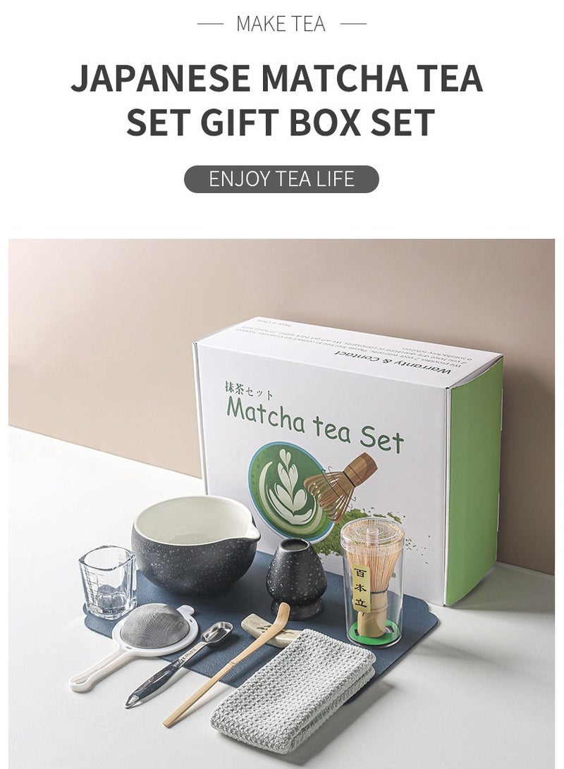 الرائد مجموعة هدايا من 10 قطع من شاي الماتشا الياباني مع خلاط ماتشا ووعاء خزفي آمن ومضرب خشبي ملعقة شاي مجموعة أدوات صنع الشاي اليدوية للمتاجر الداخلية لعشاق الشاي مجموعة اكسسوارات بداية مثالية للطقوس - Image 1