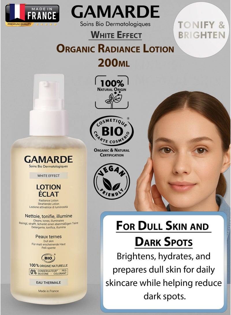 White Effect Organic Radiance Lotion 200ml – Certified Organic 3-in-1 Lotion to Cleanse, Tone & Brighten – For Dull Skin & Dark Spots – Aloe Vera, Licorice, Acerola, Bearberry, Thermal Spring Water – Made in France