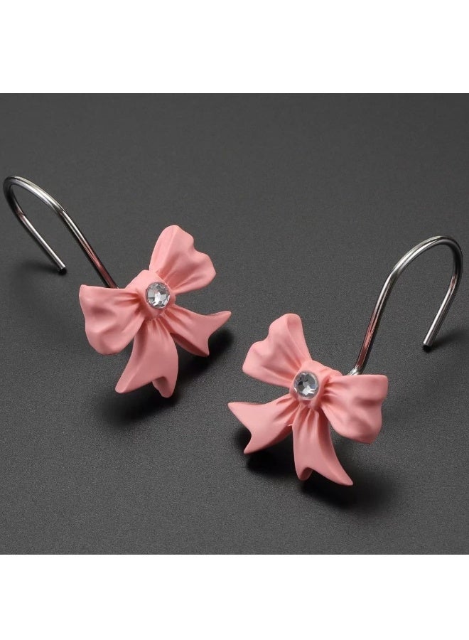 12pcs Decorative Shower Curtain Hooks with Shining Diamond,Rust Resistant Pink Bow Knot Hangers,Cute Shower Curtain Rings Hooks for Home Bathroom Decor Supplies - Image 5