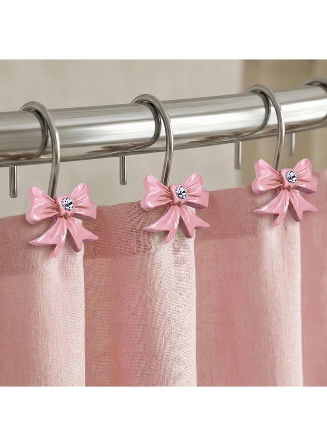 12pcs Decorative Shower Curtain Hooks with Shining Diamond,Rust Resistant Pink Bow Knot Hangers,Cute Shower Curtain Rings Hooks for Home Bathroom Decor Supplies - Image 1