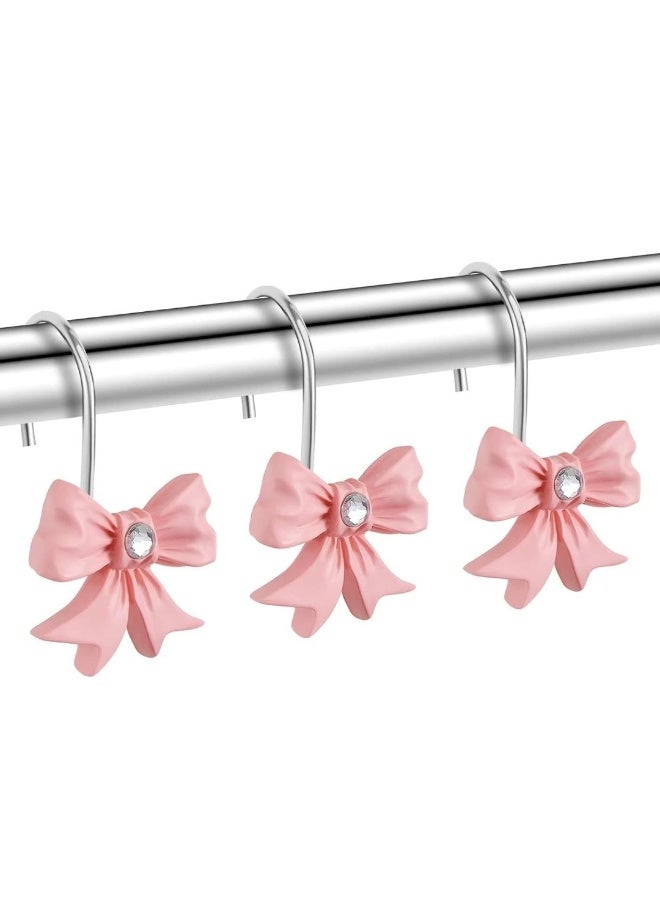 12pcs Decorative Shower Curtain Hooks with Shining Diamond,Rust Resistant Pink Bow Knot Hangers,Cute Shower Curtain Rings Hooks for Home Bathroom Decor Supplies - Image 3