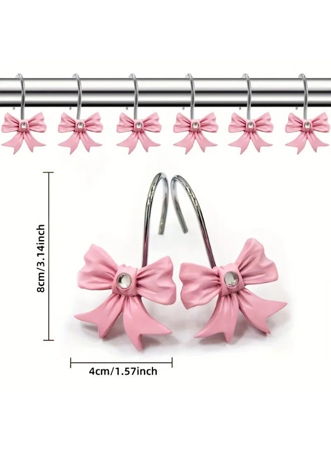 12pcs Decorative Shower Curtain Hooks with Shining Diamond,Rust Resistant Pink Bow Knot Hangers,Cute Shower Curtain Rings Hooks for Home Bathroom Decor Supplies - Image 4