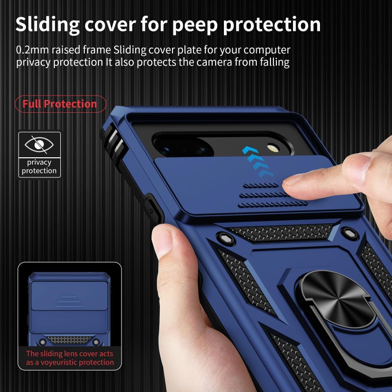 Weycolor for Google Pixel 7 Case with Camera Lens Cover, HD Screen Protector, 10 FT Military Grade Drop Protection, Magnetic Ring Holder Kickstand Protective Phone Case for Google Pixel 7, Navy Blue - Image 3