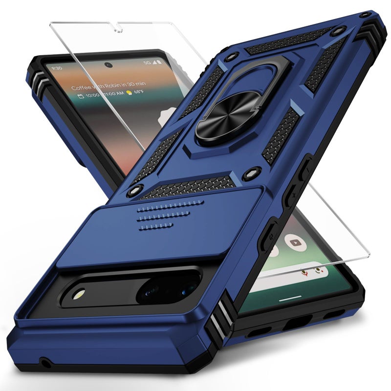 Weycolor for Google Pixel 7 Case with Camera Lens Cover, HD Screen Protector, 10 FT Military Grade Drop Protection, Magnetic Ring Holder Kickstand Protective Phone Case for Google Pixel 7, Navy Blue - Image 1