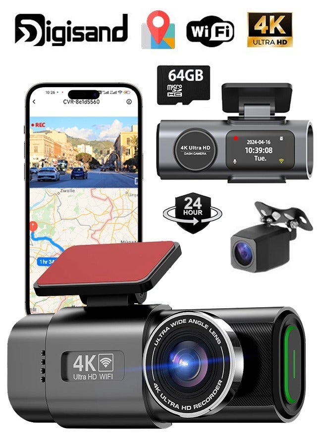 Digisand Ultra HD 4K Dash Cam for Cars, Front and Rear Dual Lens Car Camera, Built-In WiFi, G-Sensor, GPS, 24H Parking Monitoring, Super Night Vision, WDR, Loop Recording, With 64GB SD Card - Image 1