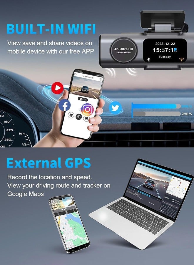 Digisand Ultra HD 4K Dash Cam for Cars, Front and Rear Dual Lens Car Camera, Built-In WiFi, G-Sensor, GPS, 24H Parking Monitoring, Super Night Vision, WDR, Loop Recording, With 64GB SD Card - Image 4