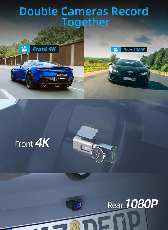 Digisand Ultra HD 4K Dash Cam for Cars, Front and Rear Dual Lens Car Camera, Built-In WiFi, G-Sensor, GPS, 24H Parking Monitoring, Super Night Vision, WDR, Loop Recording, With 64GB SD Card - Image 2
