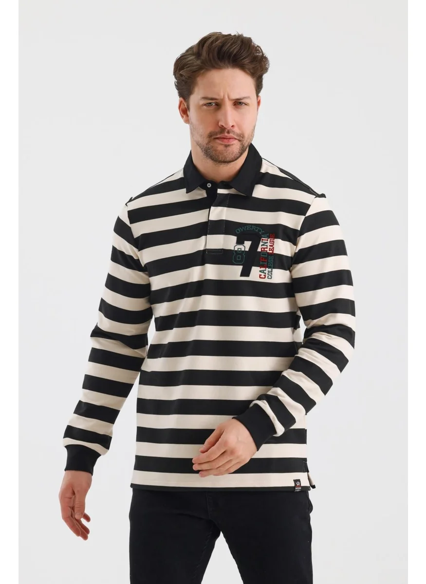 الكسندر جاردي Polo Collar Embroidered Applique Striped Regular Fit Sweatshirt (WK25214)