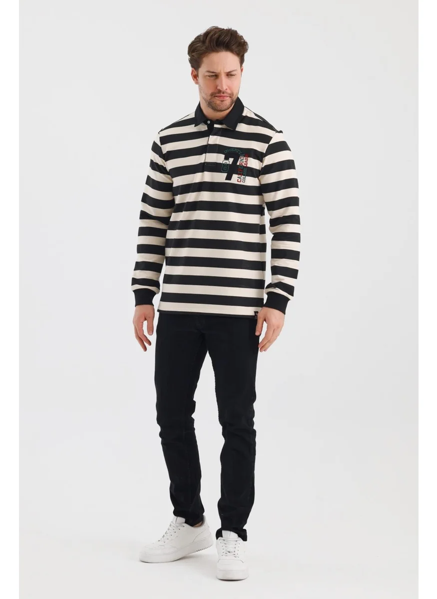 الكسندر جاردي Polo Collar Embroidered Applique Striped Regular Fit Sweatshirt (WK25214)