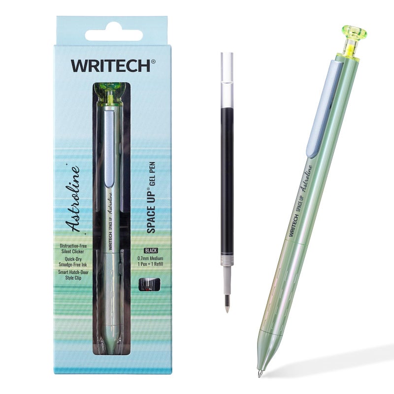 WRITECH Astroline Gel Pen 0.7mm: Metal Barrel Fine Point Pen Black Ink 1ct with 1 Refill Retractable, No Smear Silent Clicker Smooth Writing (Green) - Image 1
