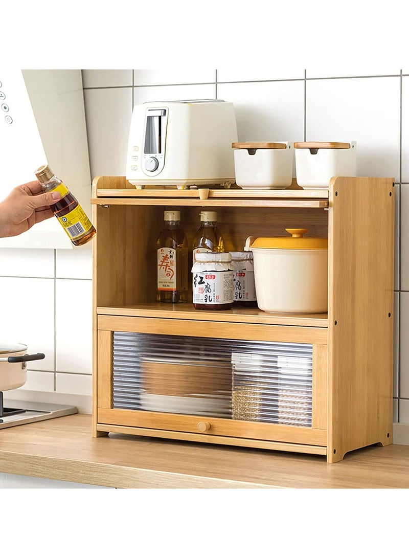 Beauenty 2-Tier Bamboo Kitchen Pantry Storage Cabinet, Countertop Cabinet with Flip-Top Hovering Cabinet Door Small Pantry Sideboard Organizer Shelf for Spice Cup Bowl - Image 4