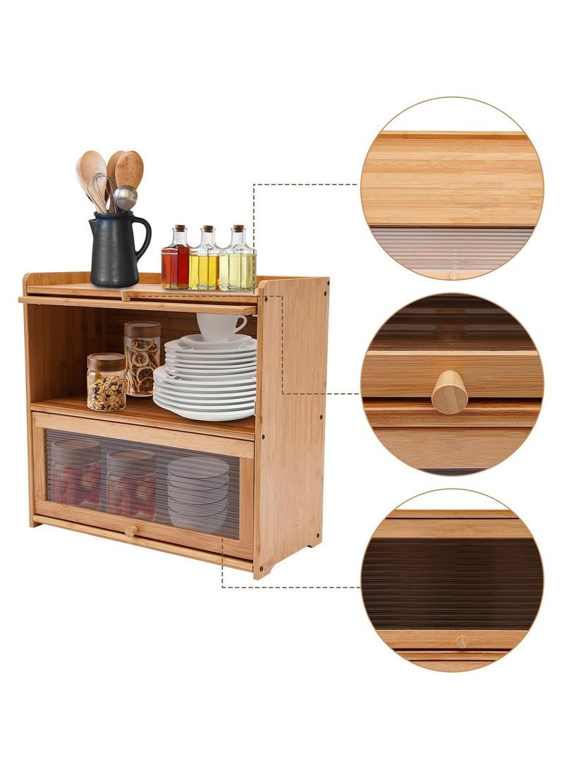 Beauenty 2-Tier Bamboo Kitchen Pantry Storage Cabinet, Countertop Cabinet with Flip-Top Hovering Cabinet Door Small Pantry Sideboard Organizer Shelf for Spice Cup Bowl - Image 5