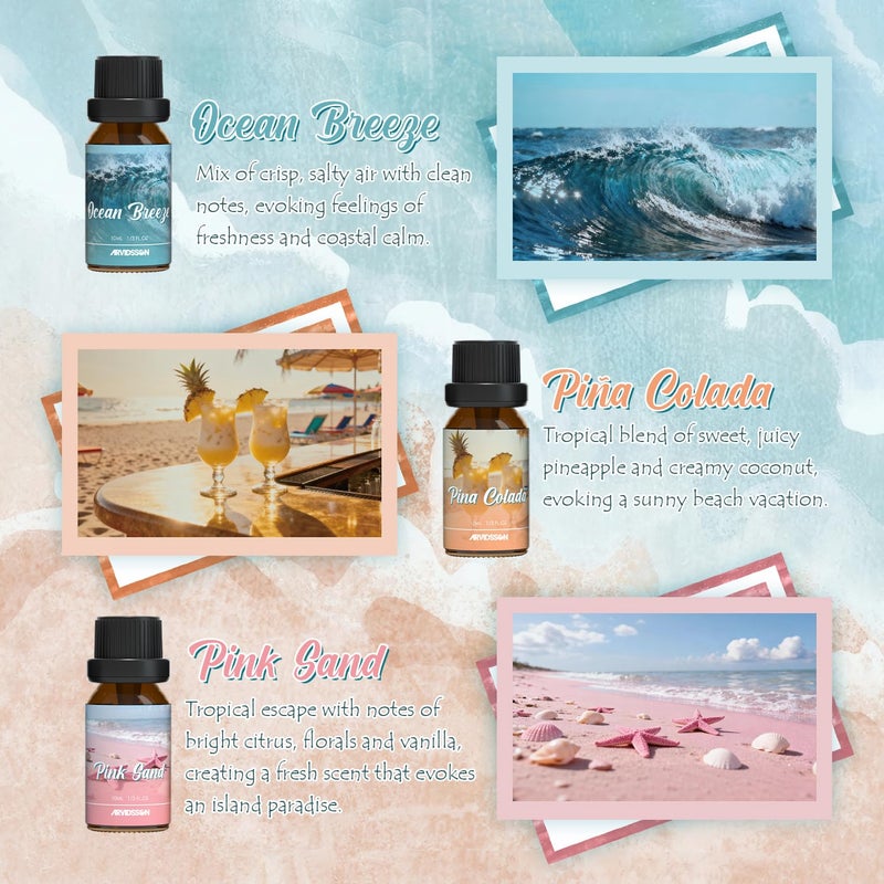ARVIDSSON Summer Essential Oils Set, Tropical Fragrance Oil for Diffuser, Soap and Candle Making - Ocean Breeze, Pina Colada, Fresh Cotton, Pink Sand, Plumeria, Coconut, Scented Oil for Home - Image 3
