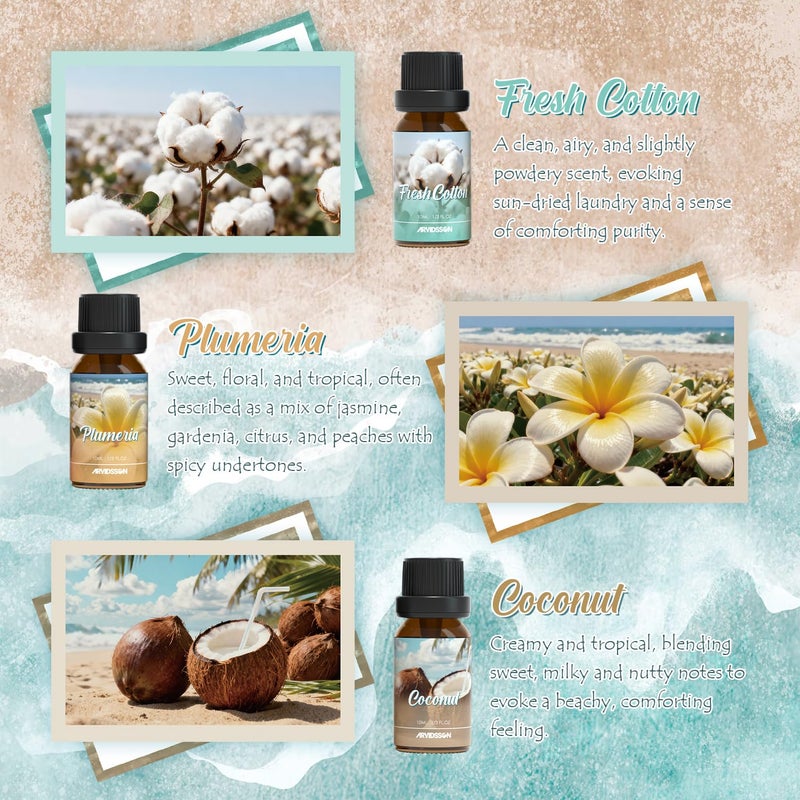 ARVIDSSON Summer Essential Oils Set, Tropical Fragrance Oil for Diffuser, Soap and Candle Making - Ocean Breeze, Pina Colada, Fresh Cotton, Pink Sand, Plumeria, Coconut, Scented Oil for Home - Image 4