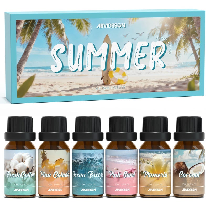 ARVIDSSON Summer Essential Oils Set, Tropical Fragrance Oil for Diffuser, Soap and Candle Making - Ocean Breeze, Pina Colada, Fresh Cotton, Pink Sand, Plumeria, Coconut, Scented Oil for Home - Image 1