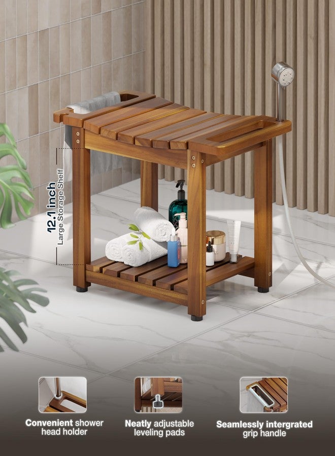 BLUEWEST Shower Bench Seat with Storage Shelf, Natural Wood Shower Benches for Inside Shower to Sit on, Waterproof Bathroom Spa Bench Stool for Legs Shaving with Built-in Handle & Shower Head Holder - Image 2