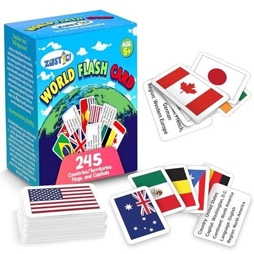 Zastic World Flags Flashcards 245 Country Flags Capitals Languages Continents Gloss Laminated Kids Geography Flash Cards - Image 1