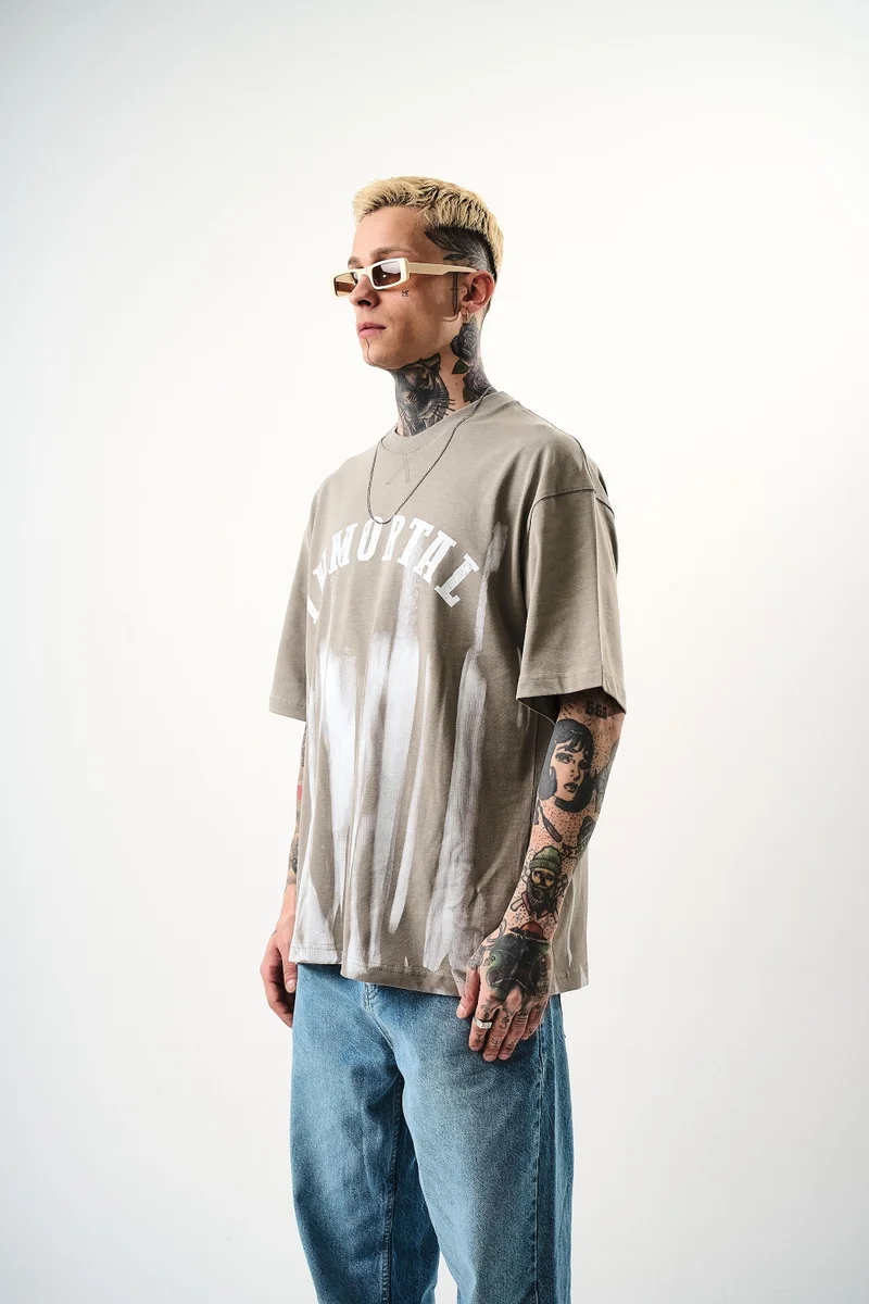 ريسباير تيشيرت رجالي مطبوع مقاس كبير رمادي