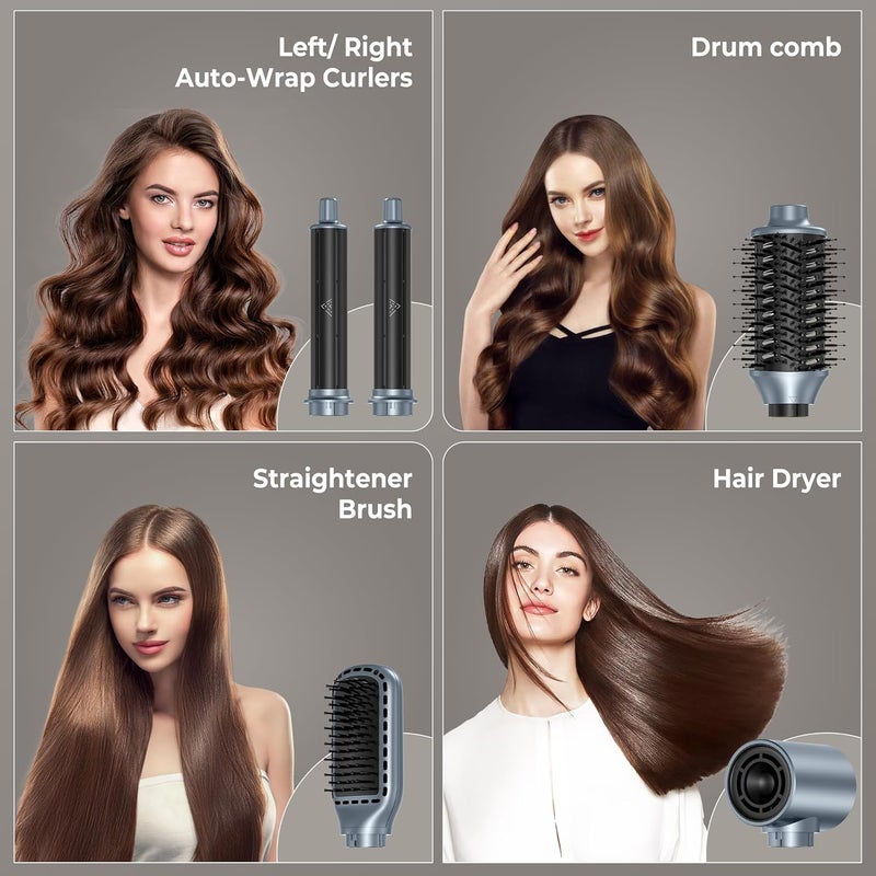 5 in 1 Hair Dryer Brush, 1300W 110000 RPM High-Speed Negative Ionic Hair Dryer, Air Styling Curling Iron, 3 Temps 3 Wind Hot Air Brsuh, Oval Brush, Hair Straightener Brush, Hair Styler Tools (Gray) - Image 2