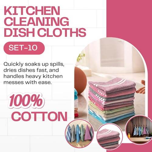 Värde® 10 Pcs Dishcloths | 12x16 Inches | Bulk Cotton Kitchen Cleaning Dish Cloths | Scrubbing Wash Cloth Sets | Multipurpose Cloth | 100% Cotton. (Multicolor, Set of 10) - Image 4