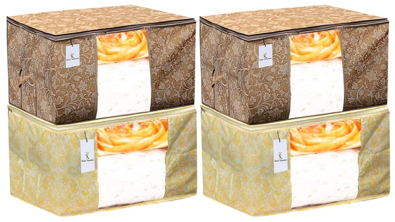 Kuber Industries Metalic Printed 4 Piece Non Woven Fabric Underbed Storage BagCloth OrganiserBlanket Cover with Transparent Window Gold Beige CTKTC41112 - Image 1