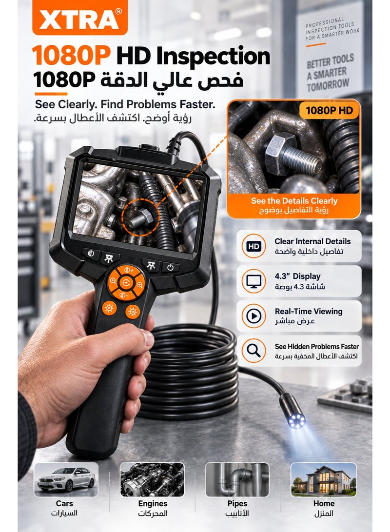 Xtra Edge Endoscope Camera with Light, IP67 Waterproof 1080P HD Borescope with 8 Adjustable Lights, 4.3" Endoscope with 16.4ft Semi-Rigid Snake Camera - Image 2