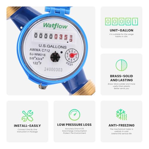Watflow DN20 Water Meter 3/4" NPT, AWWA C712 Certification Gallon Water Flow Meter, Cold Water Meter for Garden/Home/Apartment, Horizontal Install. - Image 3