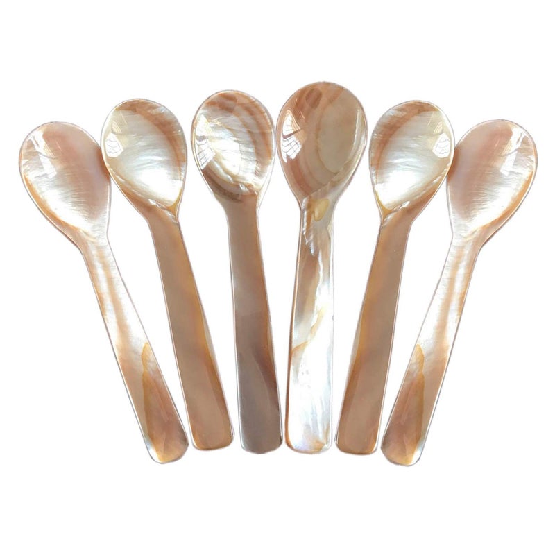 DUEBEL Set of 6 Pink Mother of Pearl 45 inch  11cm MOP Caviar Spoons W Round Handle for Caviar Serving or Egg Serving
