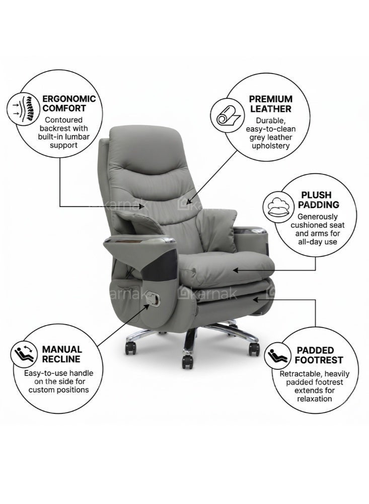 Karnak Malaya Executive Electric Boss Chair | Comfortable Leather Ergonomic Office Recliner with Swivel Rolling Adjustable Headrest, Footrest and Lumbar Support for Office(Grey) - Image 3