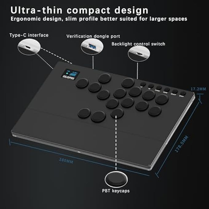 rayihni LEVERLESS ARCADE STICK 16KEYS ALL-BUTTON LEVERLESS CONTROLLER,CUSTOM RGB ARCADE FIGHTING STICK FOR PS3/PS4/PC/SWITCH/STEAM, ALUMINUM CONTROLLER SUPPORTS HOT-SWAP&SOCD (BLACK) - Image 3