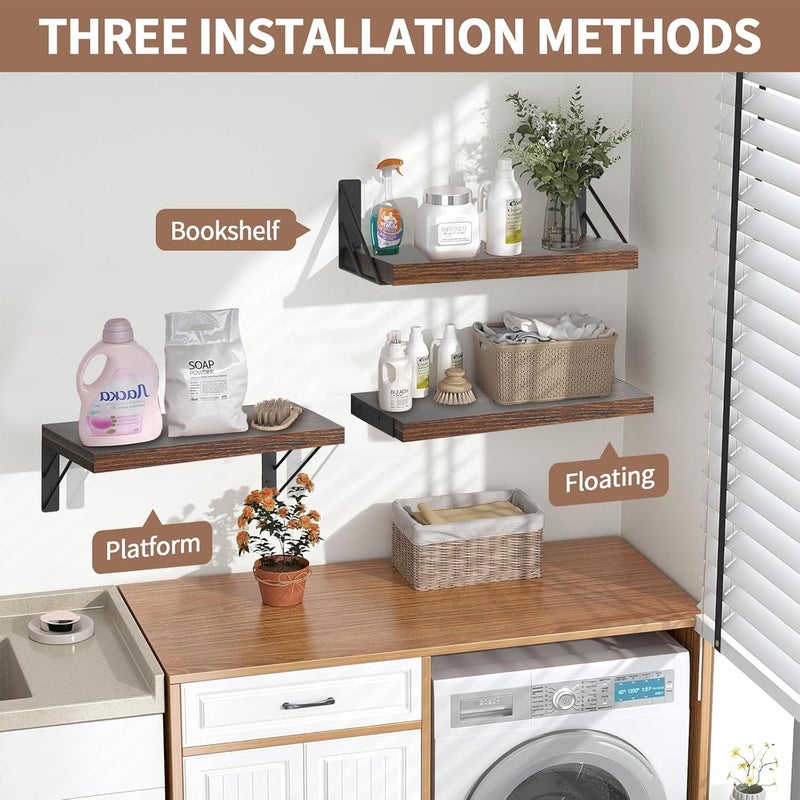 Pomefar Floating Shelf for Wall,4pcs Wood Shelves, Display Mounted Shelf with Metal Brackets Hanging, Wall Decor Shelves for Bathroom,Kitchen,Living Room Storage and Organization - Image 4