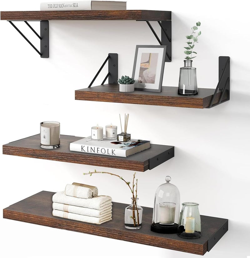 Pomefar Floating Shelf for Wall,4pcs Wood Shelves, Display Mounted Shelf with Metal Brackets Hanging, Wall Decor Shelves for Bathroom,Kitchen,Living Room Storage and Organization - Image 1