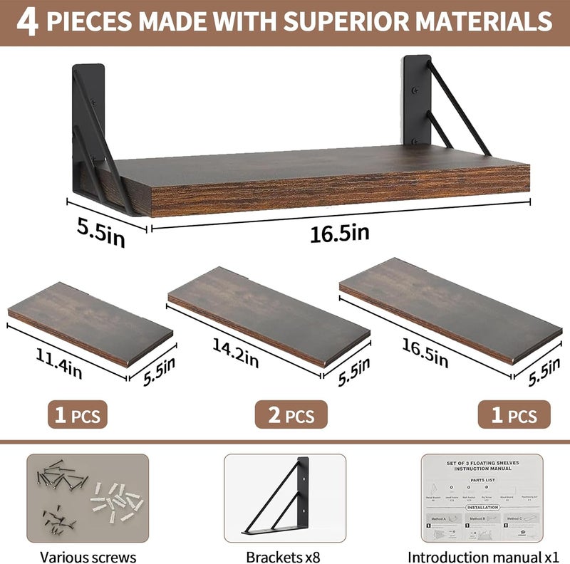 Pomefar Floating Shelf for Wall,4pcs Wood Shelves, Display Mounted Shelf with Metal Brackets Hanging, Wall Decor Shelves for Bathroom,Kitchen,Living Room Storage and Organization - Image 3