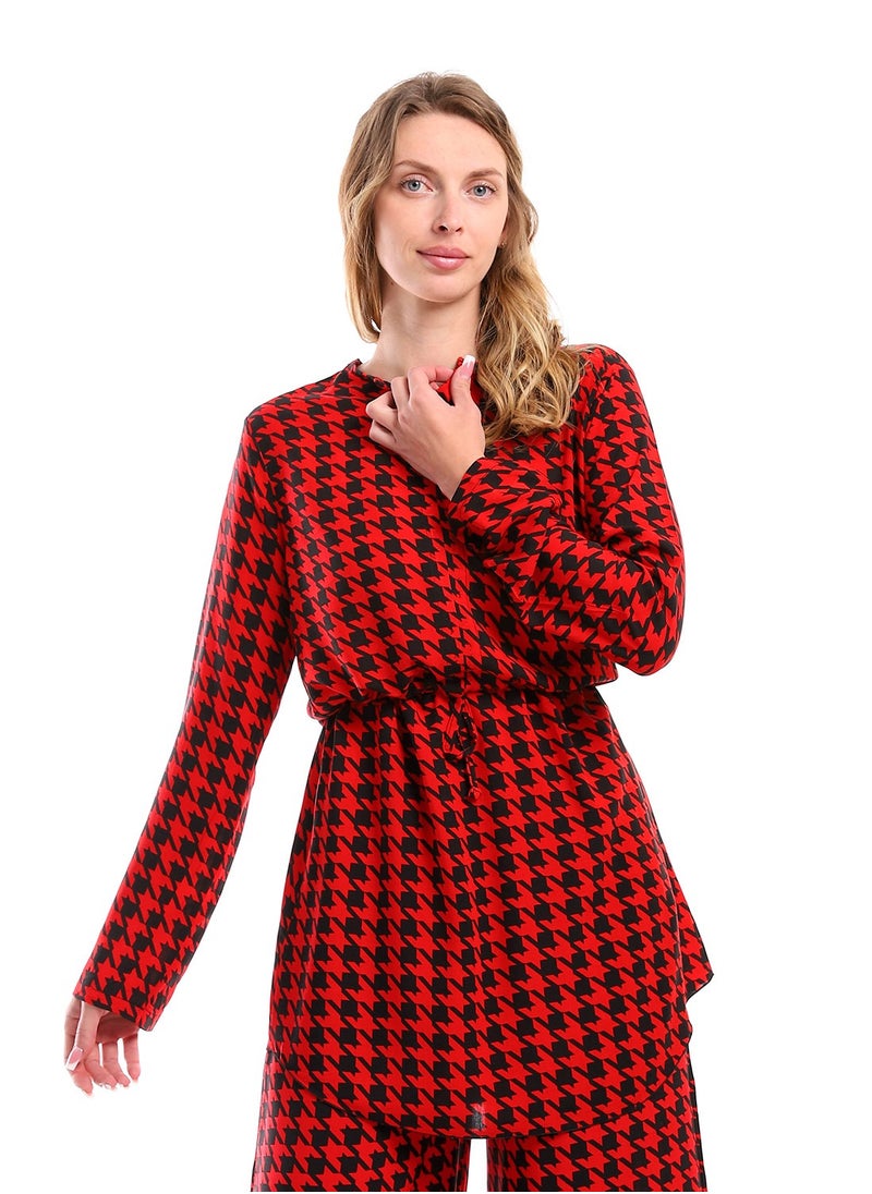 Andora - Full Sleeves Houndstooth Tunic With Waist Drawstring - Red & Black - Image 1