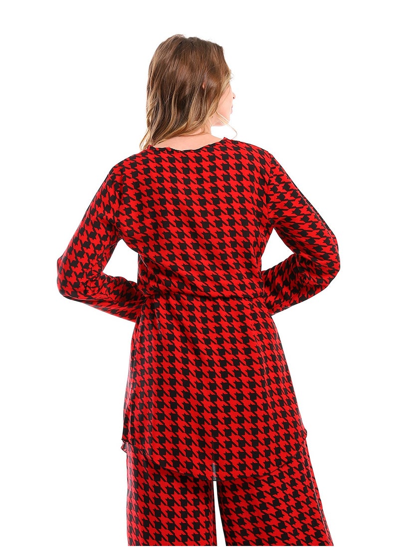 Andora - Full Sleeves Houndstooth Tunic With Waist Drawstring - Red & Black - Image 1