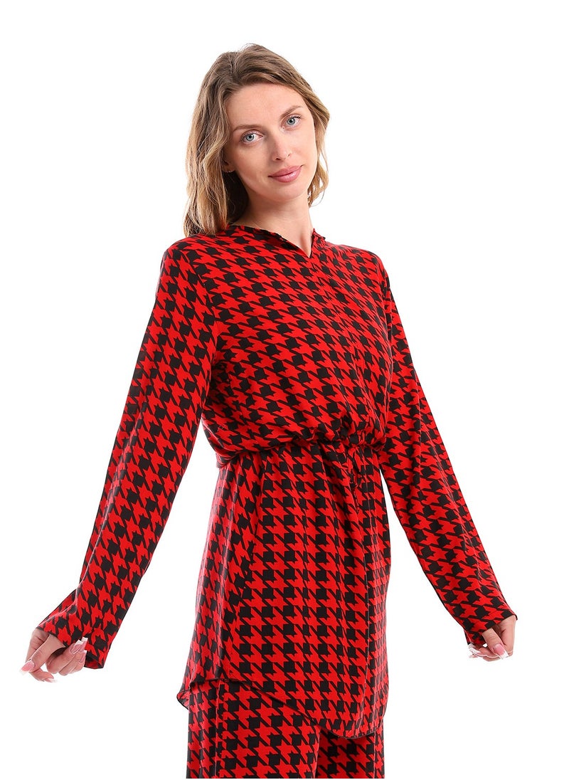Andora - Full Sleeves Houndstooth Tunic With Waist Drawstring - Red & Black - Image 1