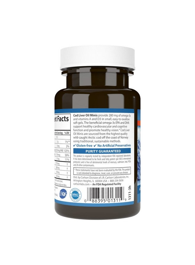 Carlson Cod Liver Oil Minis 280 Mg Omega3S + Vitamins A  D3 Heart Support  Cognitive Function Vision Health 100 Mini Softgels - Image 4
