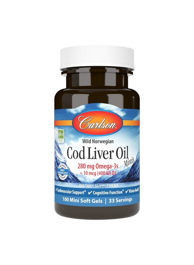 Carlson Cod Liver Oil Minis 280 Mg Omega3S + Vitamins A  D3 Heart Support  Cognitive Function Vision Health 100 Mini Softgels - Image 1
