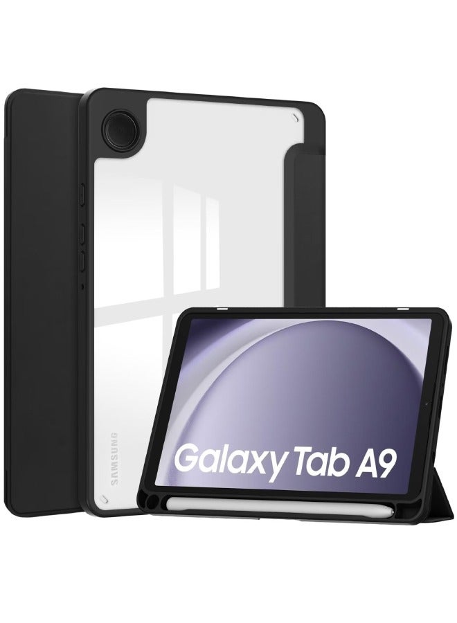 Samsung Galaxy Tab A9 Cover, Galaxy Tab A9 Case with Auto Wake Sleep, Clear Acrylic Back, Smart Magnetic Trifold Flip Slim Leather Durable Shockproof Case for Samsung Galaxy Tab A9 8.7 inch (Black) - Image 1