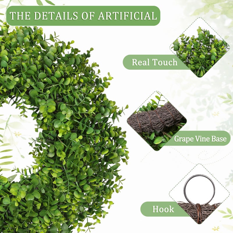 RHTRJ 26 Inch Large Greenery Eucalyptus Boxwood Wreaths Artificial Easter Summer Spring Wreaths for Front Door Outdoor All Season Spring Decorations for Home Porch Room Window Wall Farmhouse Decor(Green) - Image 3