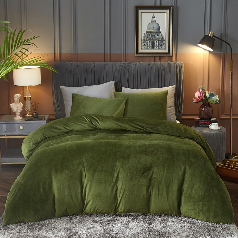 Ivellow Velvet Duvet Cover Queen Set Sage Green Comforter Cover 3Pcs Ultra Soft Cover Breathable Solid Luxury Flannel Velour Duvet Cover Zipper Closure Corner Tie - Image 1