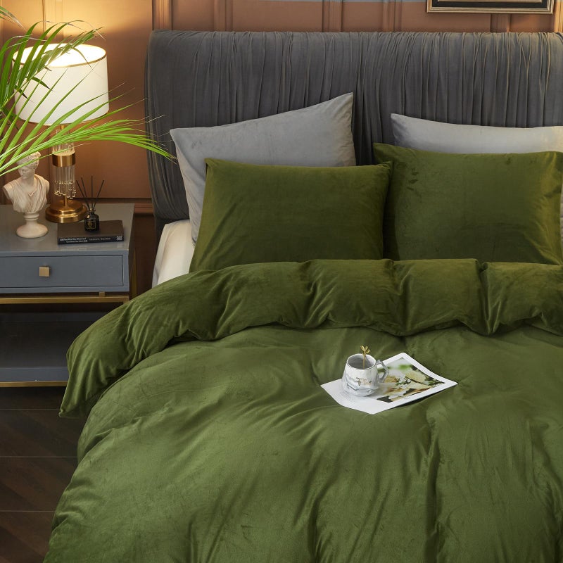 Ivellow Velvet Duvet Cover Queen Set Sage Green Comforter Cover 3Pcs Ultra Soft Cover Breathable Solid Luxury Flannel Velour Duvet Cover Zipper Closure Corner Tie - Image 3