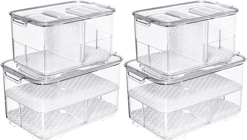 SANNO Fridge Produce Saver Storage Vegetable Fruit Containers Food Produce Saver Container Stackable Refrigerator Organizer Bins Fresh Keeper Drawers Organizer, Set of 4 - Image 1