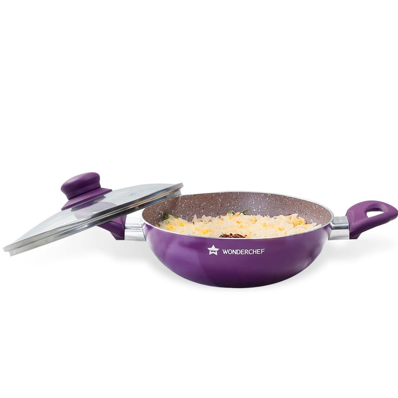 Wonderchef Royal Velvet NonStick 26cm Kadhai with Lid and Handles Glass Lid Induction Ready SoftTouch Handles Non Toxic I Virgin Aluminium 3 mm Thick 2 Year Warranty Purple - Image 1