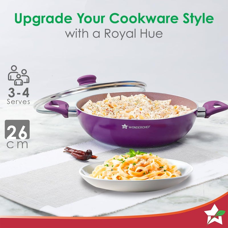 Wonderchef Royal Velvet NonStick 26cm Kadhai with Lid and Handles Glass Lid Induction Ready SoftTouch Handles Non Toxic I Virgin Aluminium 3 mm Thick 2 Year Warranty Purple - Image 5