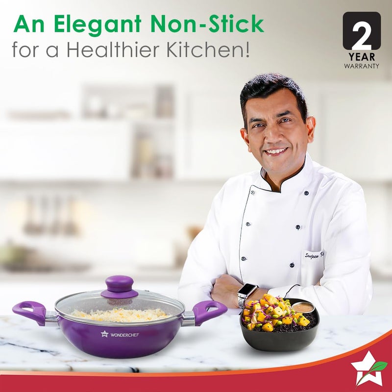Wonderchef Royal Velvet NonStick 26cm Kadhai with Lid and Handles Glass Lid Induction Ready SoftTouch Handles Non Toxic I Virgin Aluminium 3 mm Thick 2 Year Warranty Purple - Image 2
